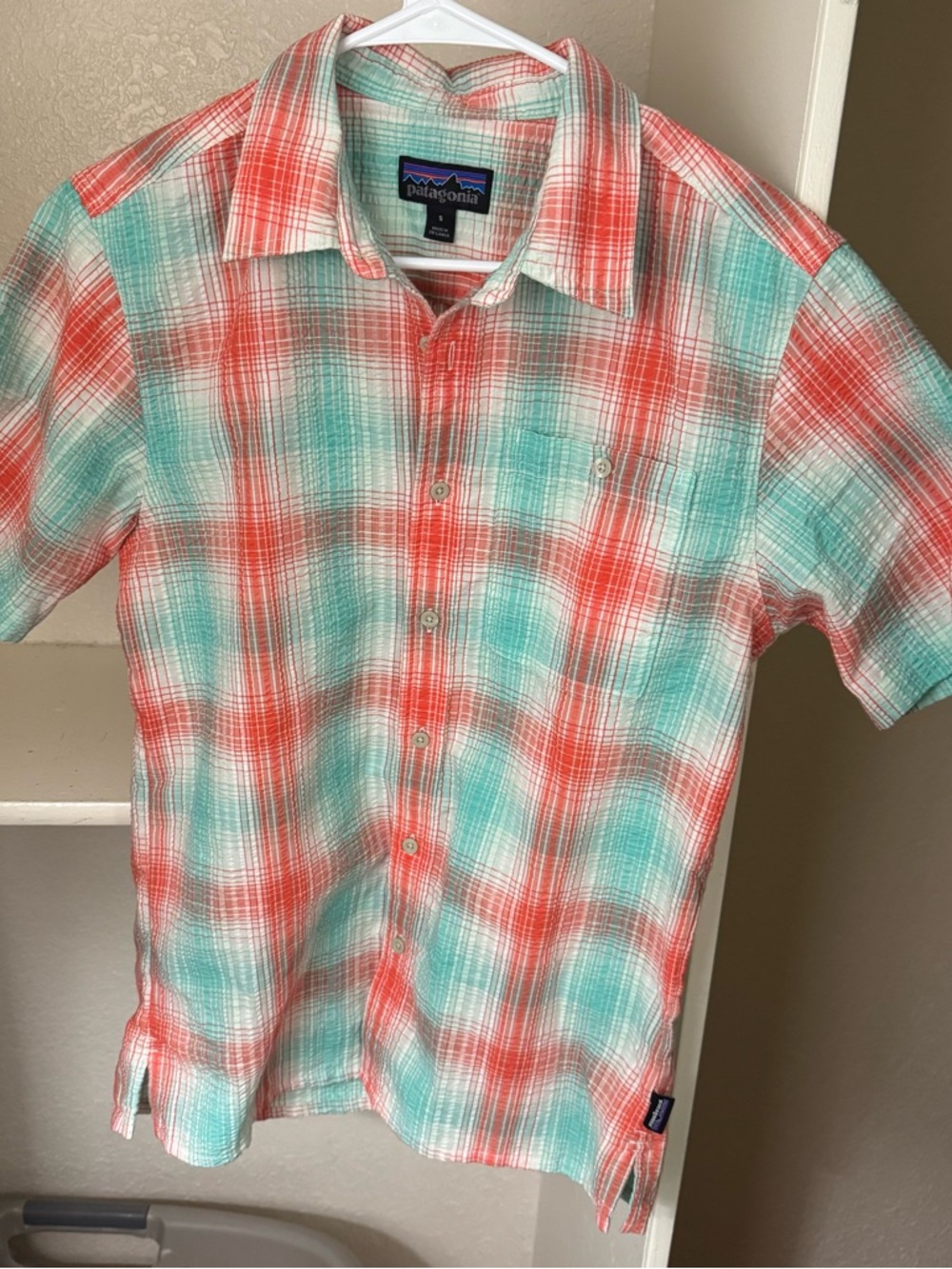 Patagonia Short Sleeve Plaid Button-Down in Coral & Teal